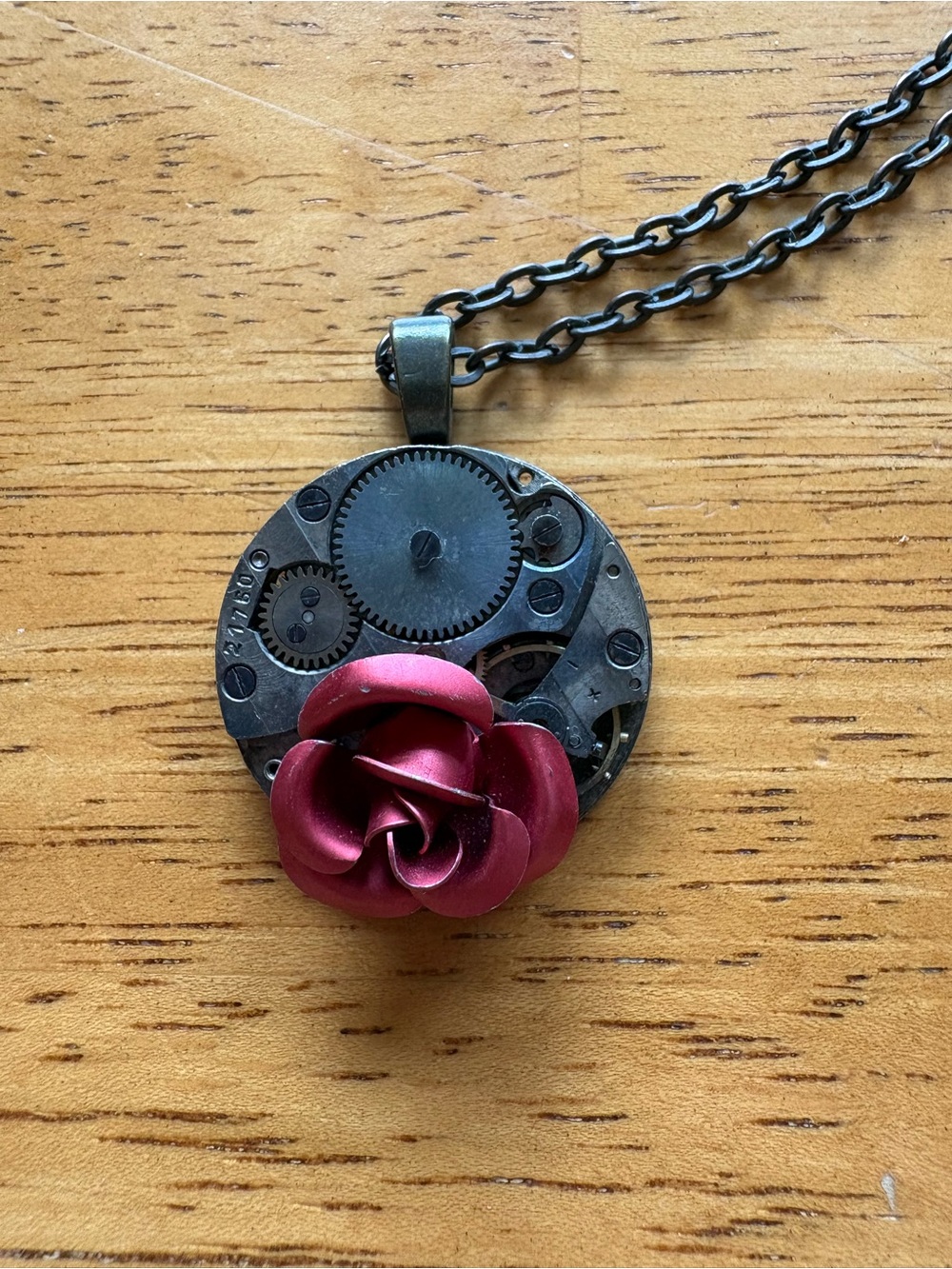 Steampunk Gear Pendant Necklace with Red Rose